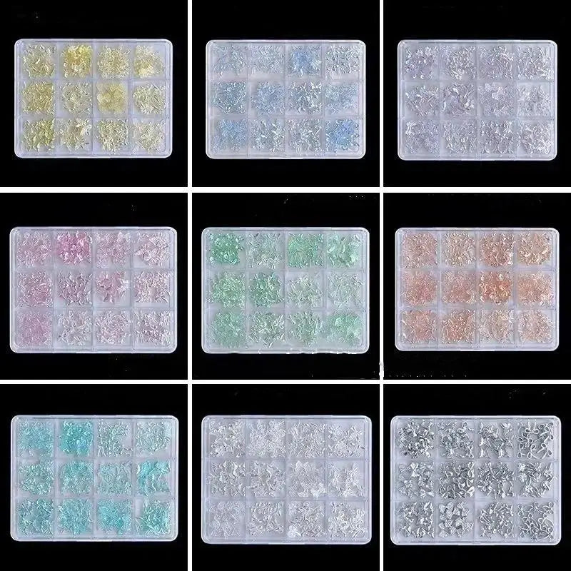 120 Iridescent Aurora Bow Nail Charms Clear Storage Box Perfect DIY Qme