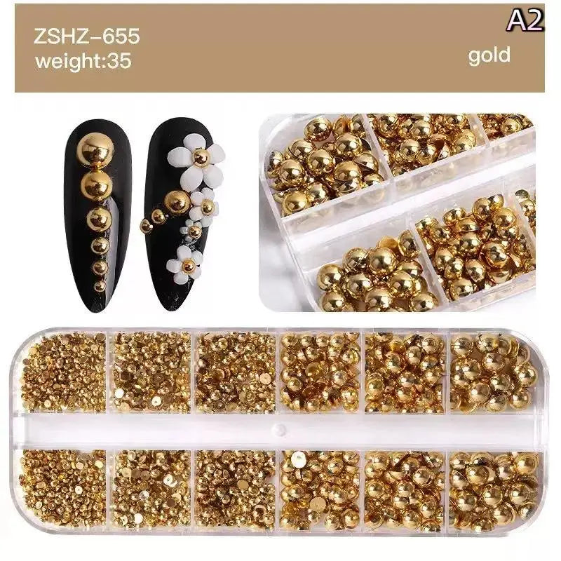 12Grids Mixed Semi-circular Pearl Gold Silver Nail Charms Decor Qme A2