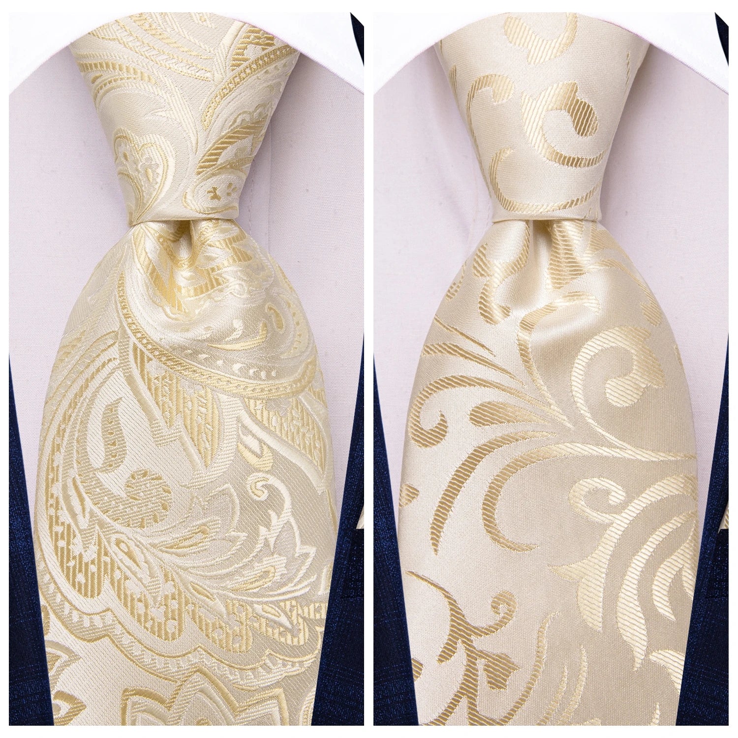 Hi-tie Floral Champagne Ivory Mens Elegant Necktie Handkerchief Qme