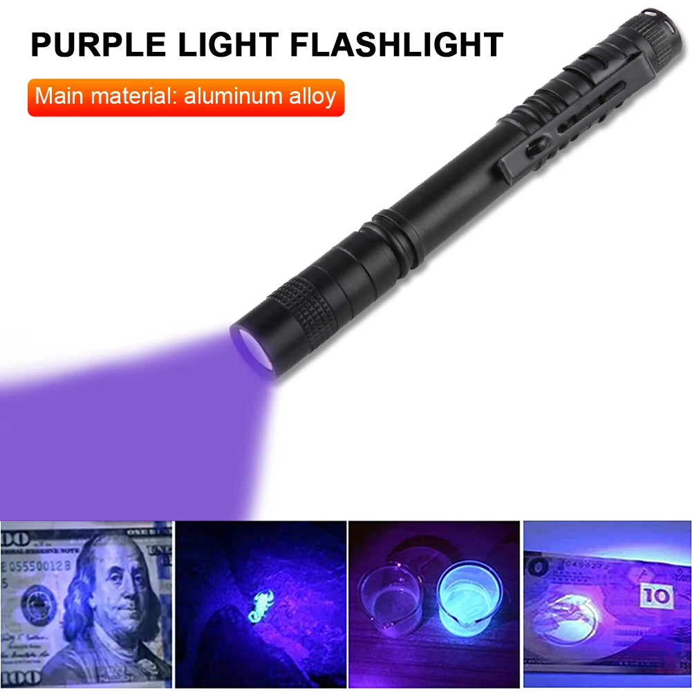 LED UV Flashlight Ultraviolet Torch Mini UV Light Pet Urine Stains Detector Fluorescent Anti-counterfeiting Bill Seal Detector Qme 395nm No Battery