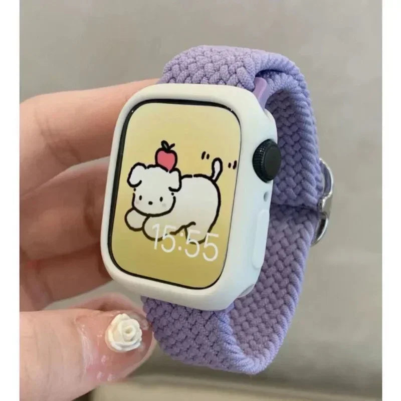 Korean Cute Braied Strap + Case For Apple Watch Band 49mm 41mm 45 44 38 42 Nylon Bracelet For iWatch Series 9 8 7 6 5 4 3 SE 40 Qme Lavender Purple For Series123 42MM
