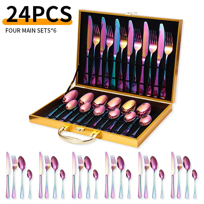 24-Piece Stainless Steel Tableware Set,Western Cutlery Steak Knife Fork Spoon, Gift Box Set for Home Restaurant Wedding Gift Qme