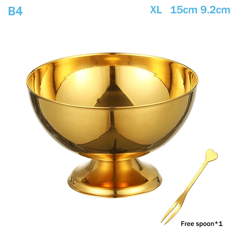 Stainless Steel Ice Cream Cup Gold Silver Dessert Bowl Spoon Qme B4