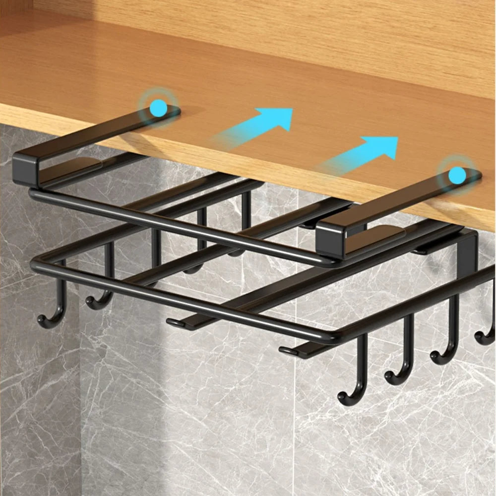 Kitchen Hanging Organizer Rack with Hooks Under Cupboard Paper Towel Rags Hanger Cutting Board Pot Cover Holder Storage Shelf Qme