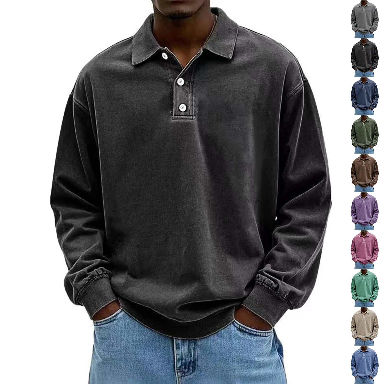 Men's Baggy Korean Style Leisure Daily Versatile Long Sleeves Flip Collar Pullover Shirt Fashion Solid Color Button Hoodies Qme