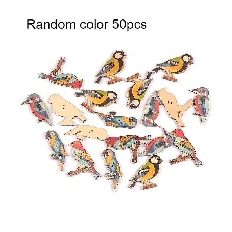 Vintage Bird-Shaped Wooden Buttons, Printed Wood Decorative Buttons For DIY Crafts Qme Random color 50pcs