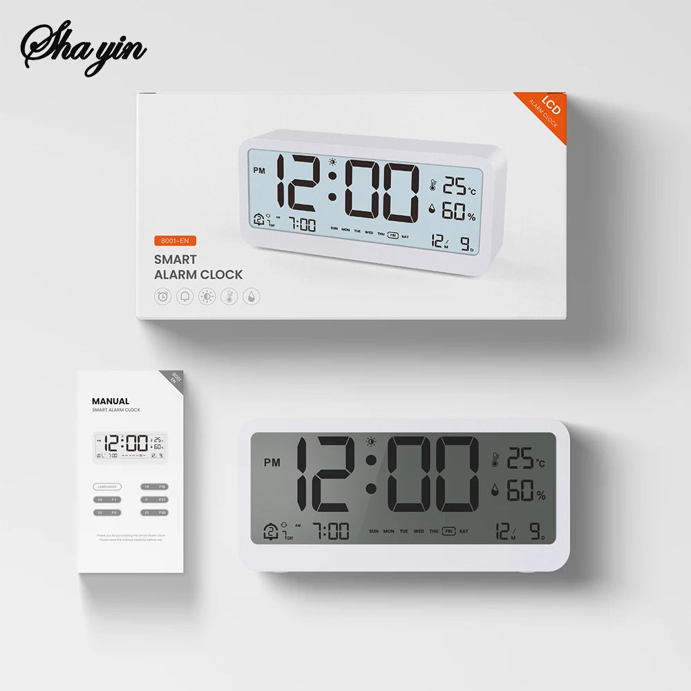 8001-EN Multifunctional Digital Clock LED Brightness Adjustable Temperature Humidity Displaying Alarm Clock with Dual Modes Qme
