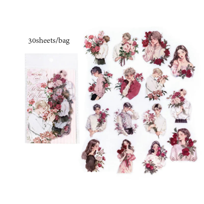 Sticker Pack 30sheets/bag Rose Bouquet Fashion Stickers Scrapbook DIY & Journal Planner Decoration for Phone Case Notebook Qme 1