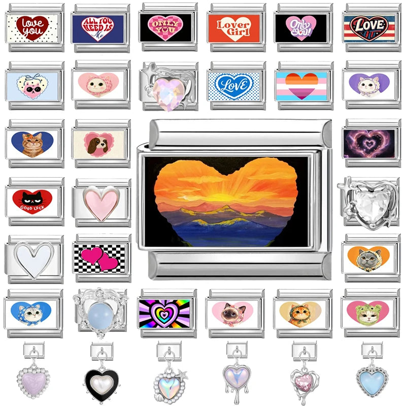 Beautiful Natural Scenery Heart Cave Pattern Shiny Zircon Italian Charm Fit 9mm Stainless Steel Jewelry Make Bead DIY Bracelet Qme
