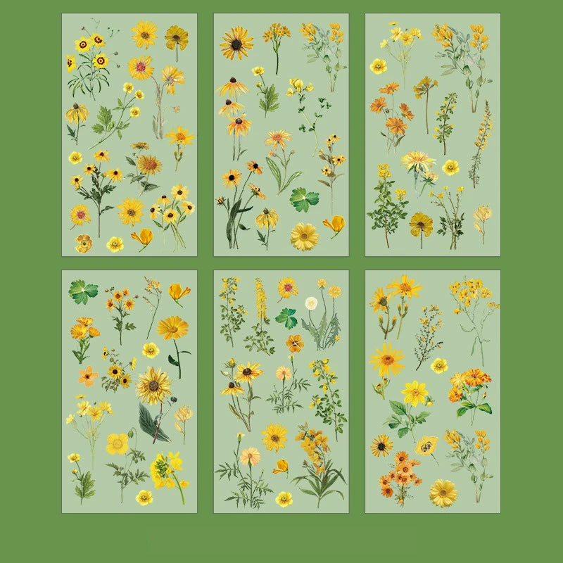6 Pcs Journal Stickers, Plant and Flower Stickers,PET Waterproof Transparent Floral Patterns,DIY Photo Album Decoration Stickers Qme Sunflower