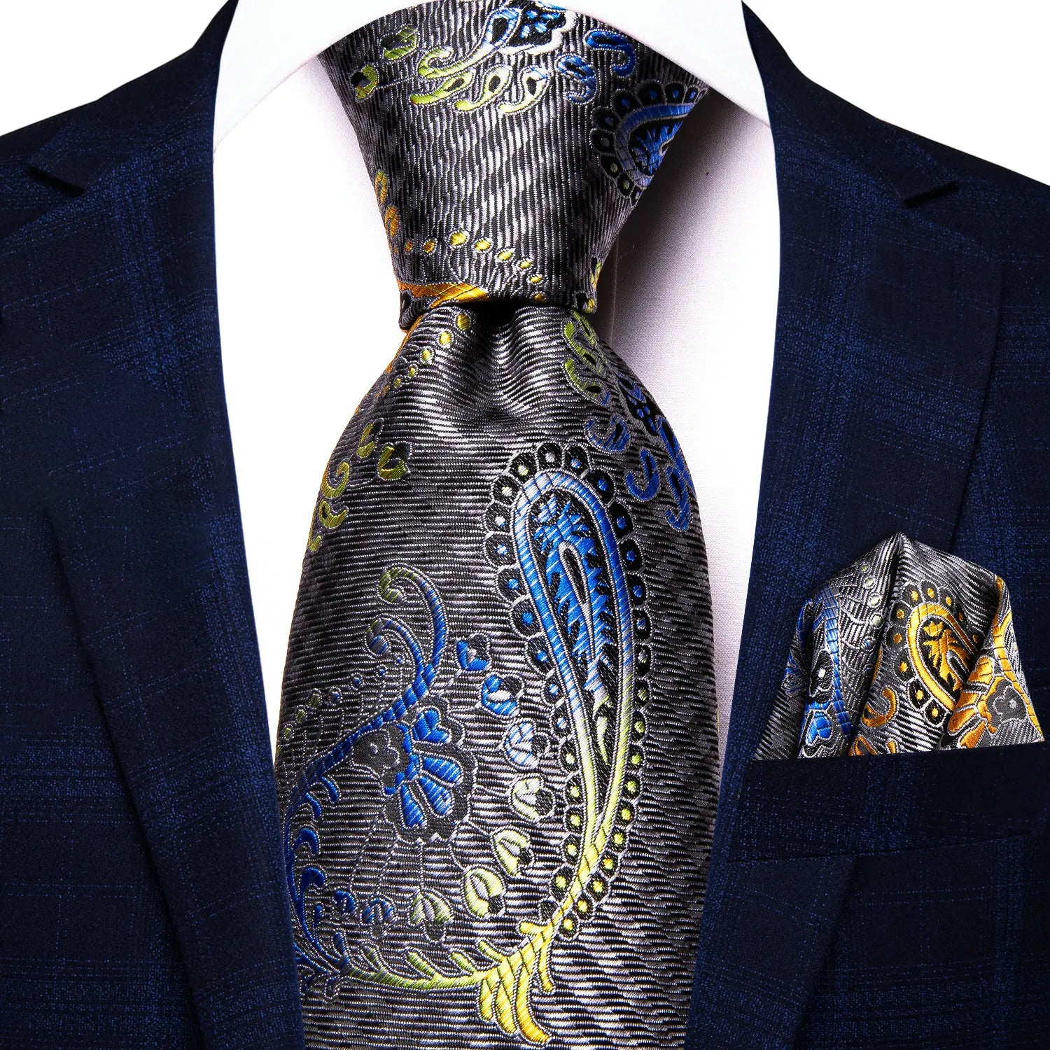 Grey Classic Men Necktie Pocket Square Formal Wedding Silk Business Qme N-3435