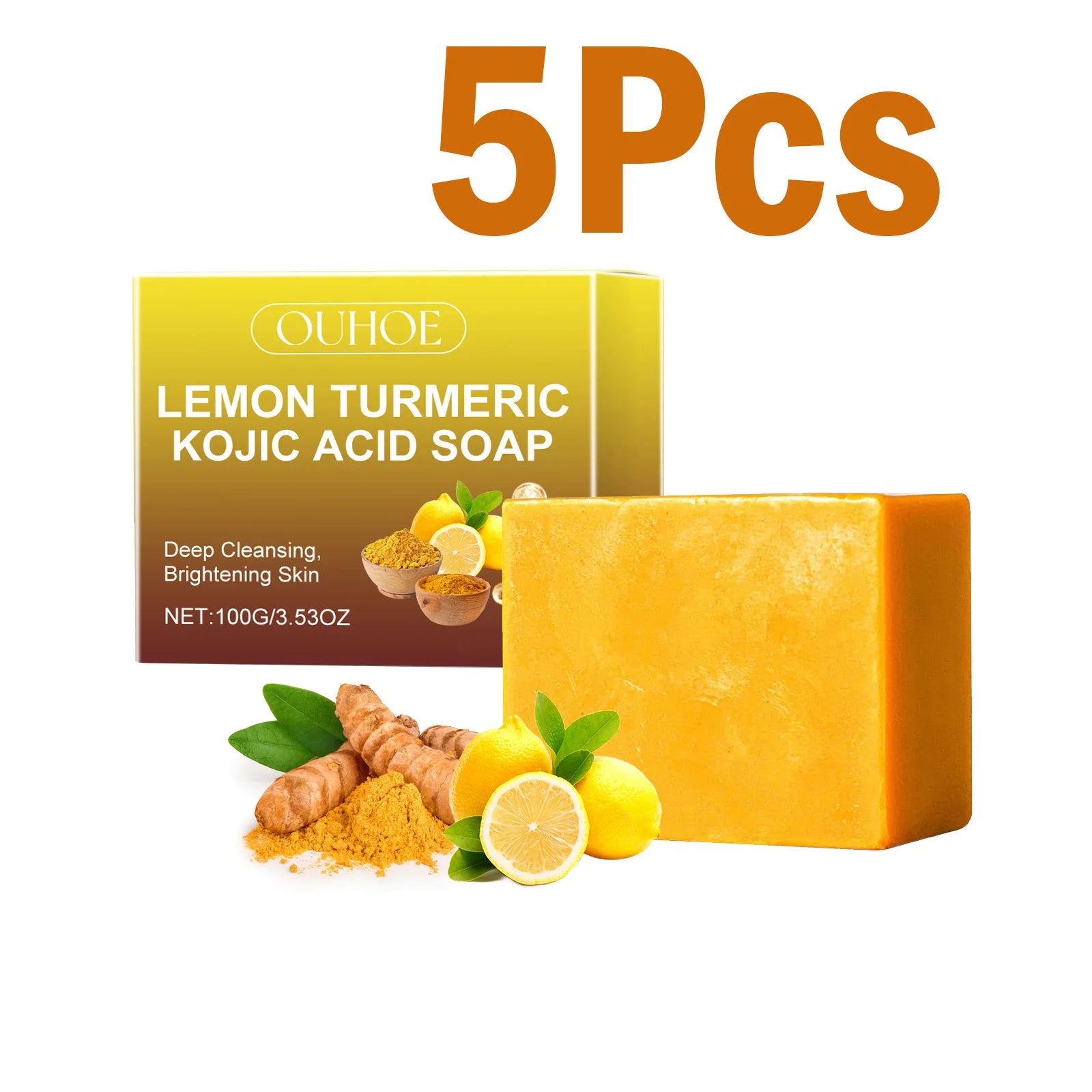 Lemon Turmeric Kojic Acid Soap Brightening Deeply Cleansing Glowing Body Rejuvenating Exfoliating Even Skin Tone Handmade Soap Qme 5 x 100g boxed