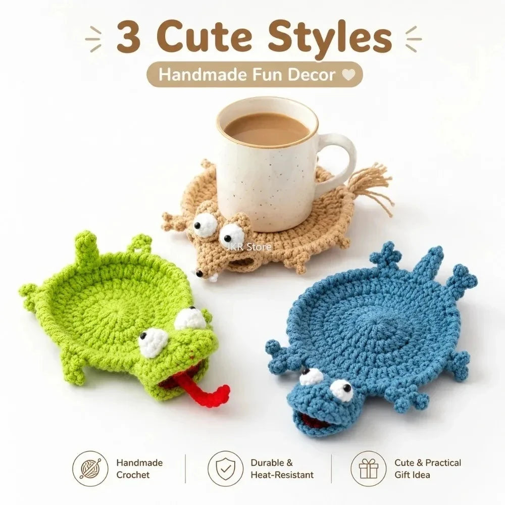 Finished Handwoven Animal Cup Coaster Cute Crochet Coffee Cup Mat Knitted Pad Tabletop Home Desk Decorative Ornament Qme
