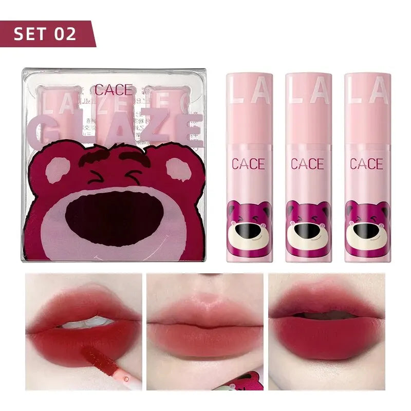 CACE 3 Pcs Sweet Liquid Lipstick Set Matte Velvet Lip Glaze Waterproof Long Lasting Non-marking Lip Tint Cosmetic Kits Lipgloss Qme Set 02