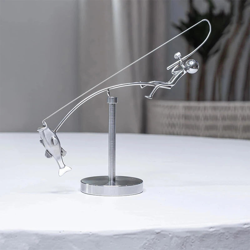 Dynamic Fishing Statue Balanced Artwork Home Harmony Sculpture Qme