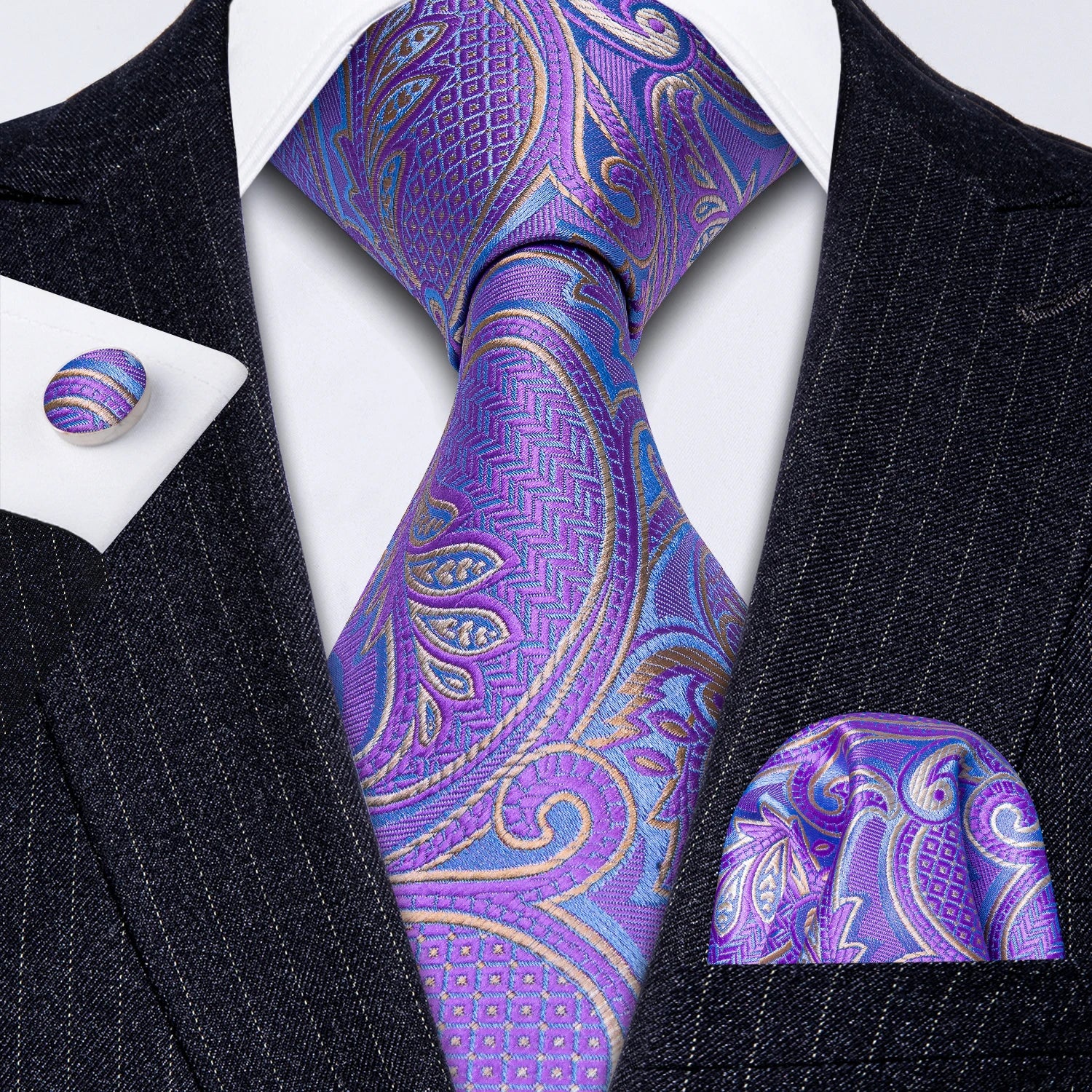Hi-Tie Purple Floral Novelty Men Elegant Necktie Handkerchief Cufflinks for Tuxedo Fashion Classic Silk Luxury Tie for Man Qme N-0364