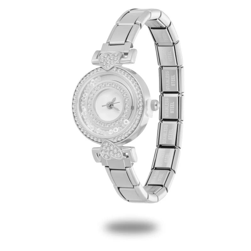 Fashion Women's Stainless Steel Round Shiny Zircon Watch DIY 9mm Width Bracelet Head For Party Friend Birthday DIY Jewelry Gift Qme S 22