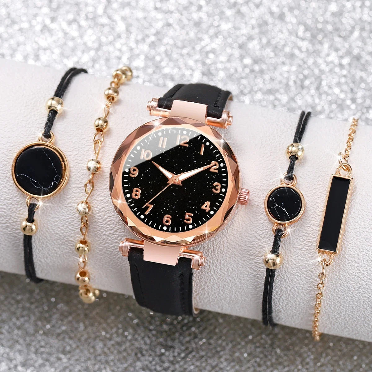 5PCS/Set Women‘s Watches Ladies Fashion Leather Band Analog Quartz WristWatch Bracelets Set Qme Black 5PCS Set