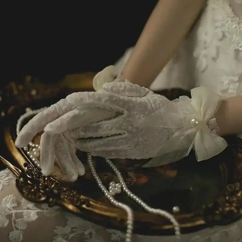 Women Bridal Short Gloves Full Finger Mesh Wedding Beaded Bow Wrist Qme