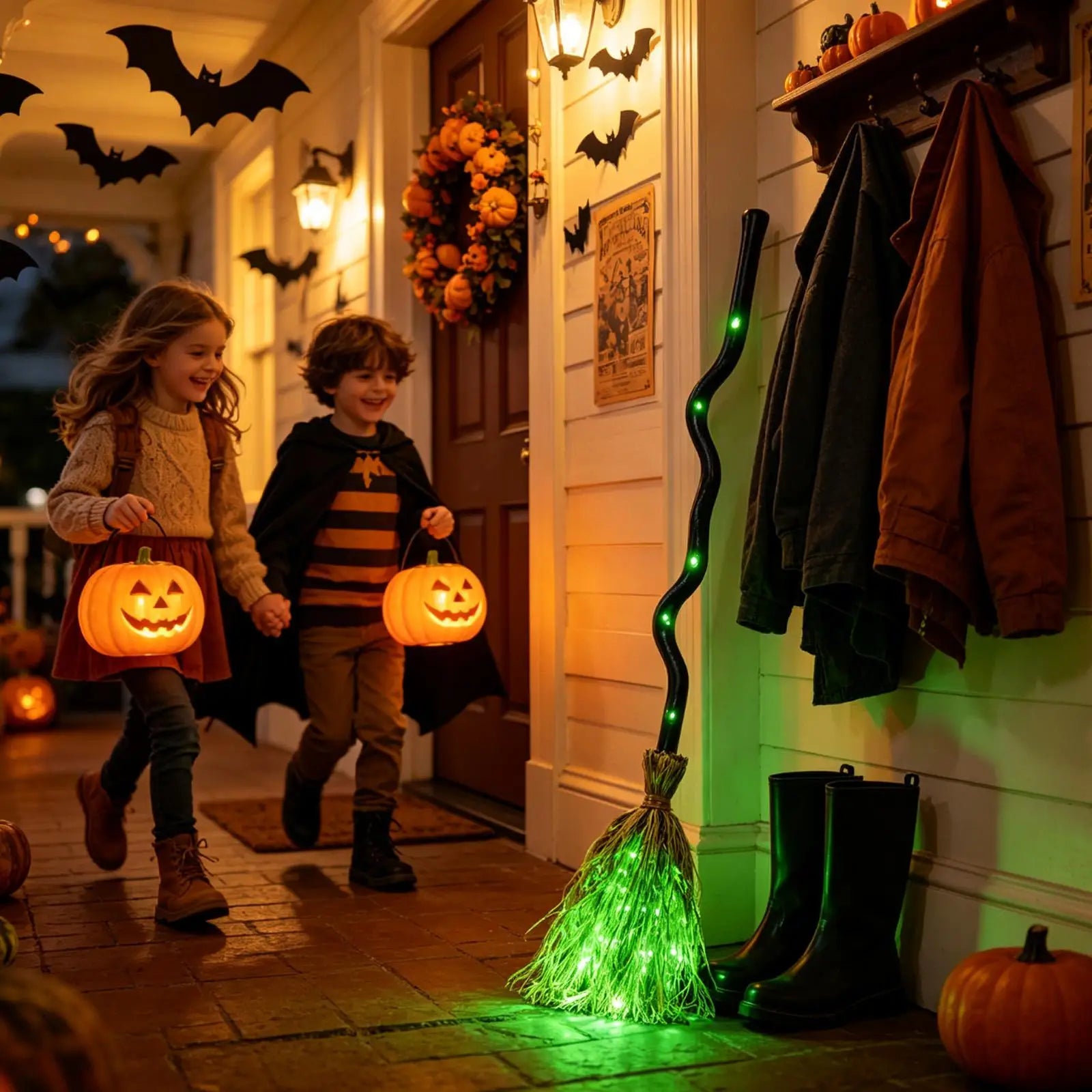 Halloween Broom Decoration Realistic Horror Laughter Sound Lighted Qme
