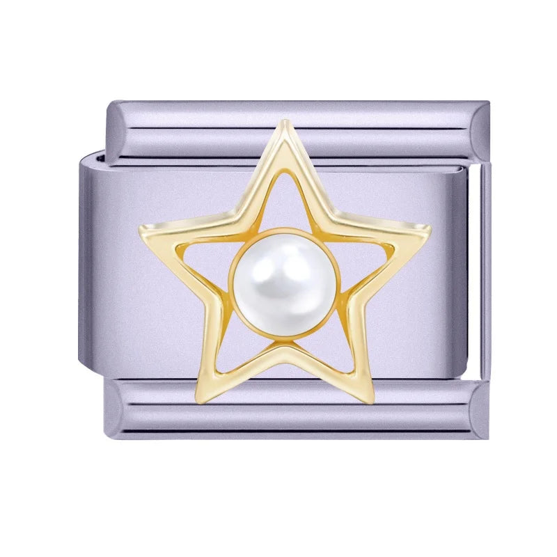 Gold Zircon Heart Star Moon Bow Knot Italian Charm Link Fit Stainless