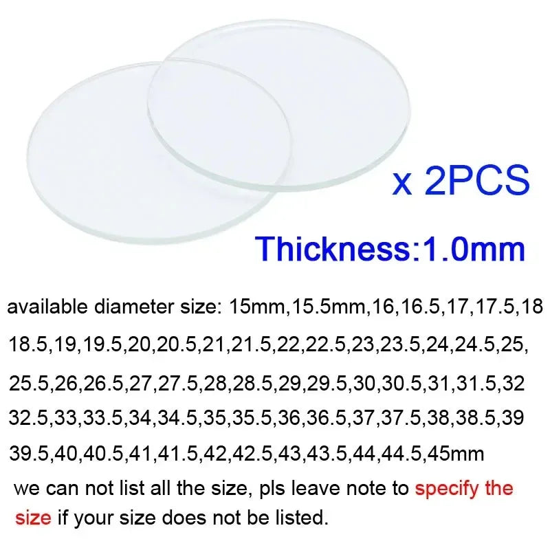 2PCS Thickness 1mm Round Watch Crystal 15mm to 45mm Watch Glass Replacement Glasses Lens Flat Mirror Watch Repair Tool Part Qme