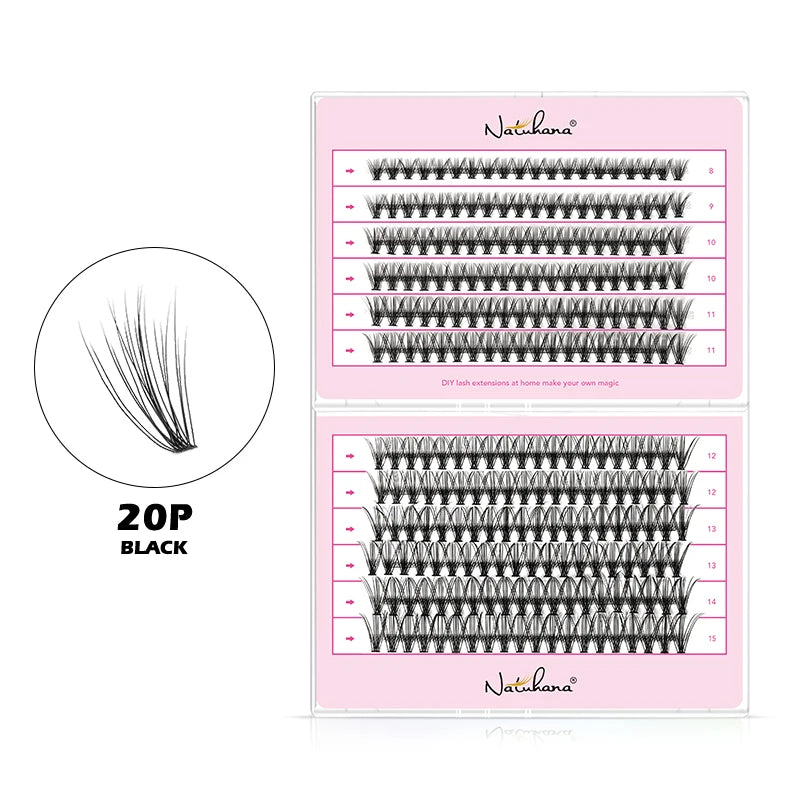NATUHANA 10D 20D 30D 40D Cluster Eyelashes DIY Mink Individual Lashes Qme 20P Black Mix 8-15mm
