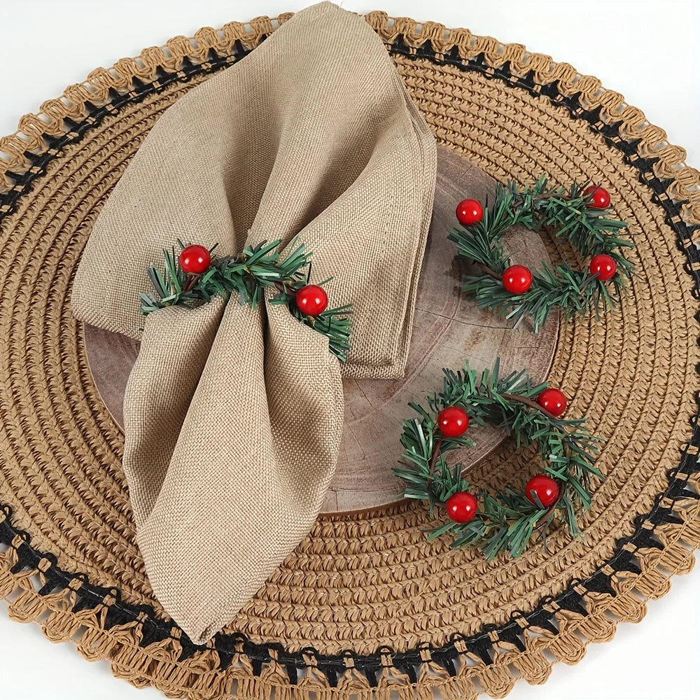 12-Pack Handcrafted Red Berry and Pine Needle Tablecloth Rings for Christmas Home Decor Qme