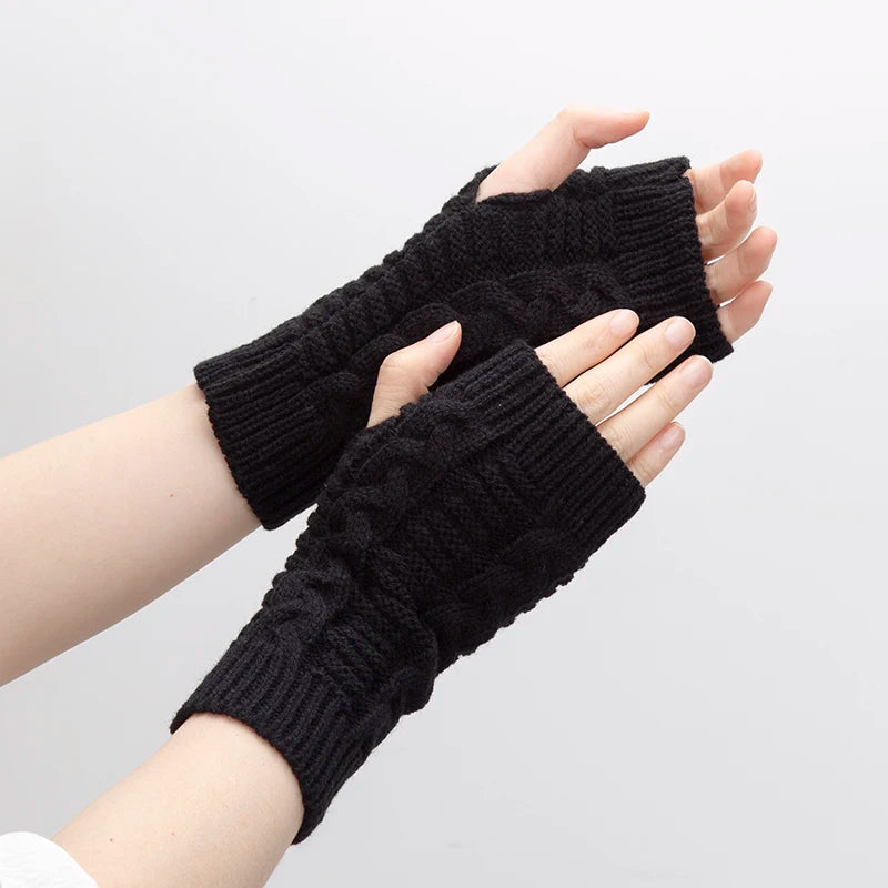Women Knitted Fingerless Gloves Hand Warmer Winter Gloves Short Arm Sleeve Solid Color Work Mittens Casual Soft Female Gloves Qme