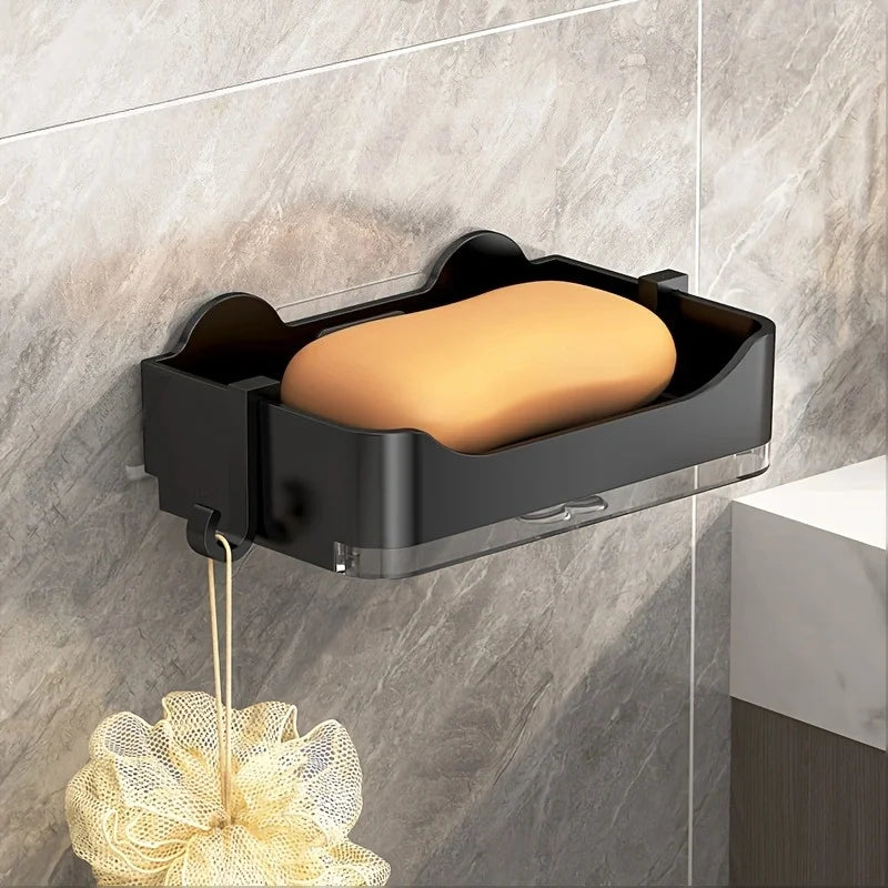 Wall-Mounted Soap Dish Holder, No-Drill Double Layer Soap Drainer Box, Space-Saving Kitchen Sink Organizer Qme Black