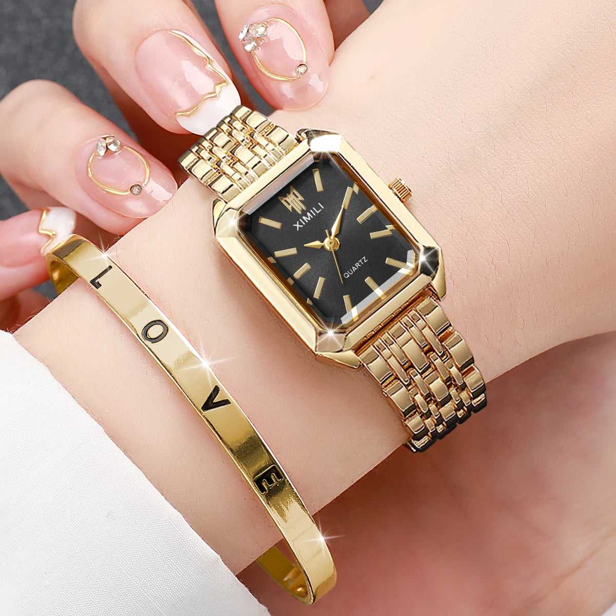 2 Pcs Fashion Women's Watch Bracelet Set Luxury Gold Steel Band Ladies Watches Quartz Watch Mujer Girls Watch Gift Qme 4