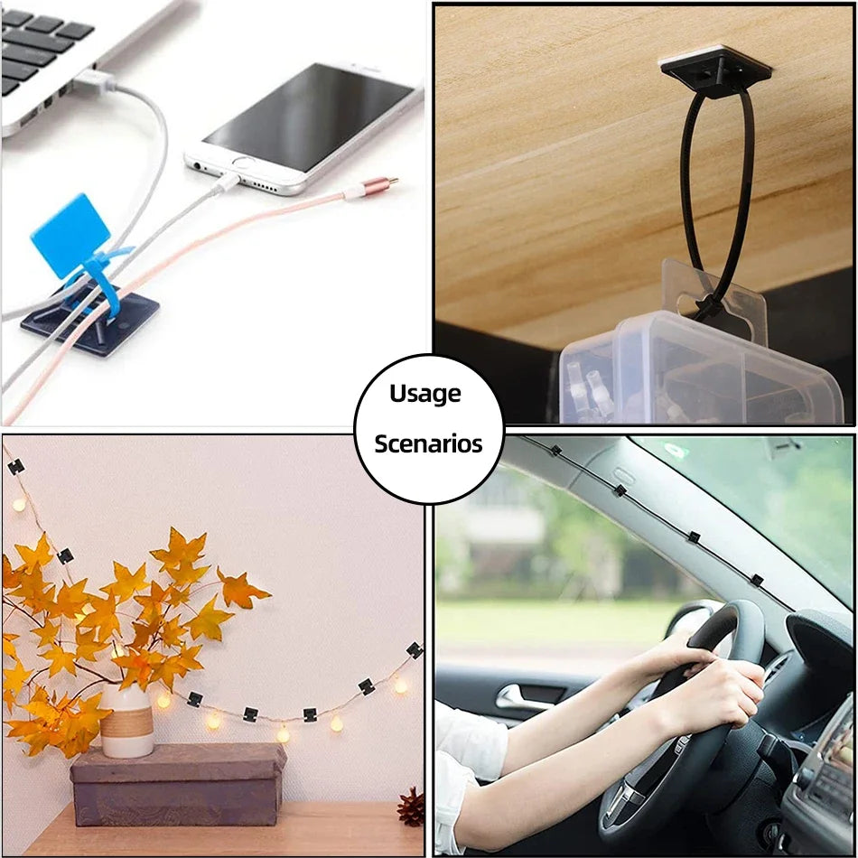 100Set Zip Tie Mounts Self-Adhesive Backing Cable Organizer Management Clips Wall Anchors for Secure Wire Holding Light Fixation Qme