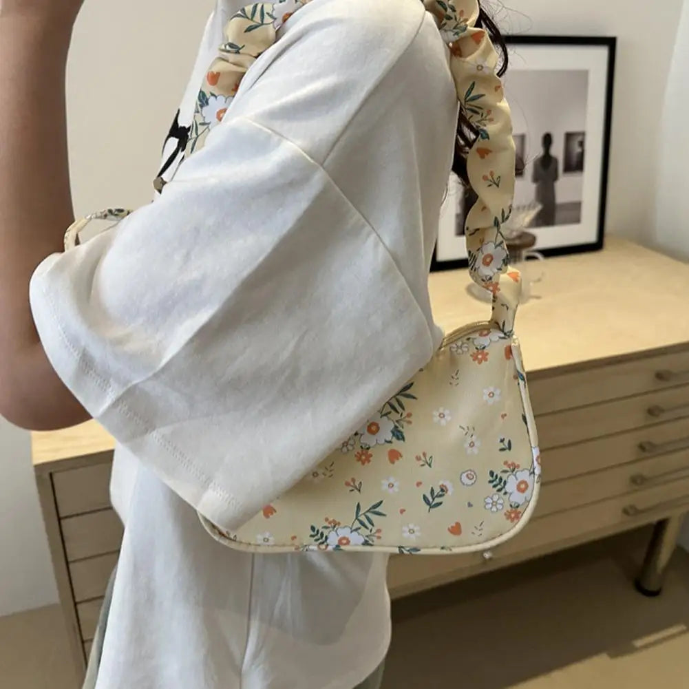 Women Small Underarm Bag Corduroy Handbag Cute Strawberry Print Little Tote Half Moon Design Mini Shoulder Bags Purse Qme