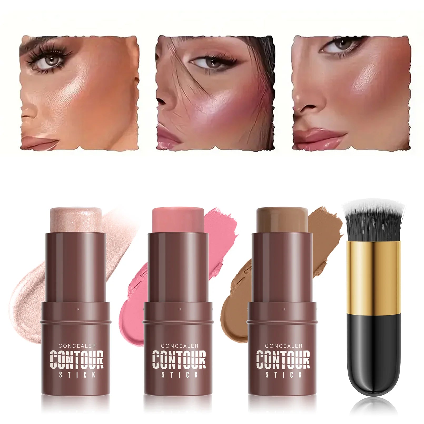 4-Piece Contour Stick Set with Highlighter, Blush & Bronzer Plus Golden Powder Brush - Waterproof Cream for All Tones, Shimmery. Qme