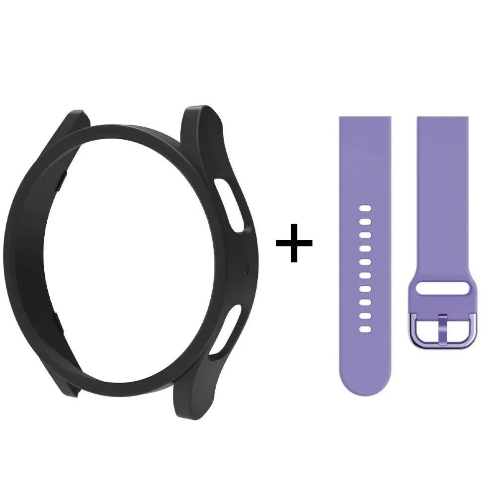Strap+Case for Samsung Galaxy Watch 6/5/4 40mm 44mm PC Hollow Bumper for Galaxy Watch 4/6 Classic 42mm 46mm 43mm 47mm Band+Cover Qme Black-Pu Galaxy Watch 5 44mm