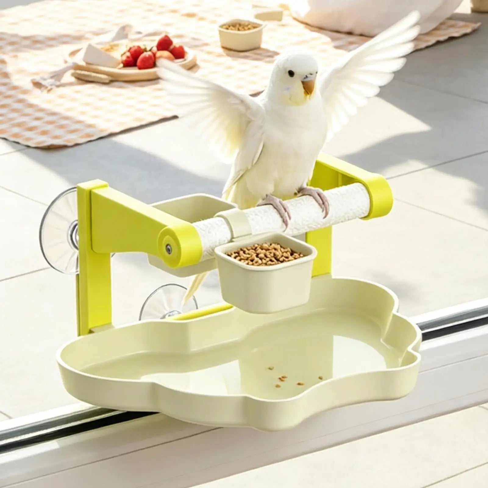 Bird Perch Stand Suction Cup Feeding Bowl Conure Cage Parrot Parakeet Qme