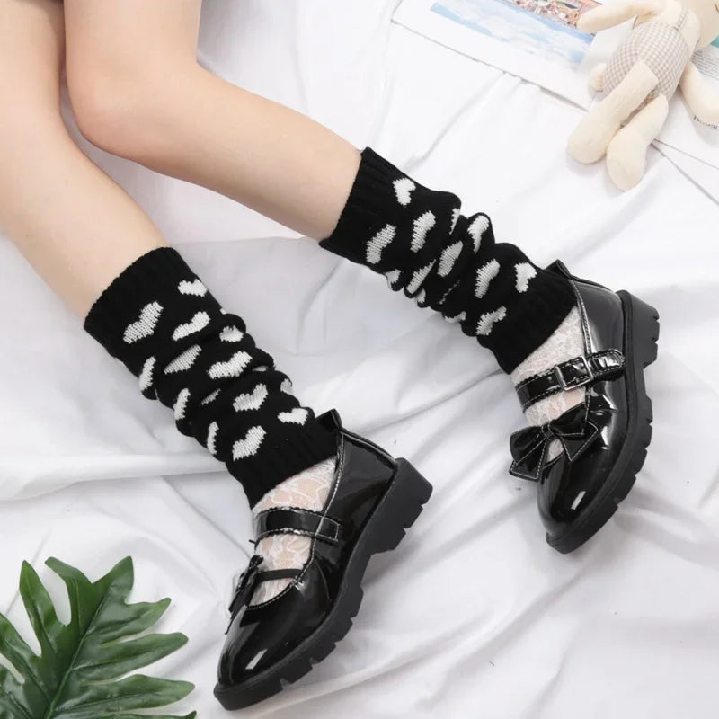 Y2K Woman Leg Warmers Japanese Lolita Autumn Winter Heart Black Knee Qme