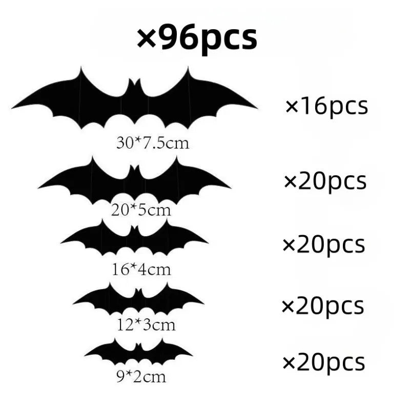 3D Stereoscopic PVC Black Bat Wall Sticker Halloween Decoration Scary Spider DIY Sticker Party Haunted House Decoration Supplies Qme BF012 96pcs