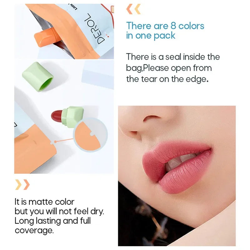 8 Colors Cute Mini Lipstick Set Candy Matte Velvet Capsule Waterproof Long Lasting Lipstick Cosmetic Easy Color Lipstick Kit Qme