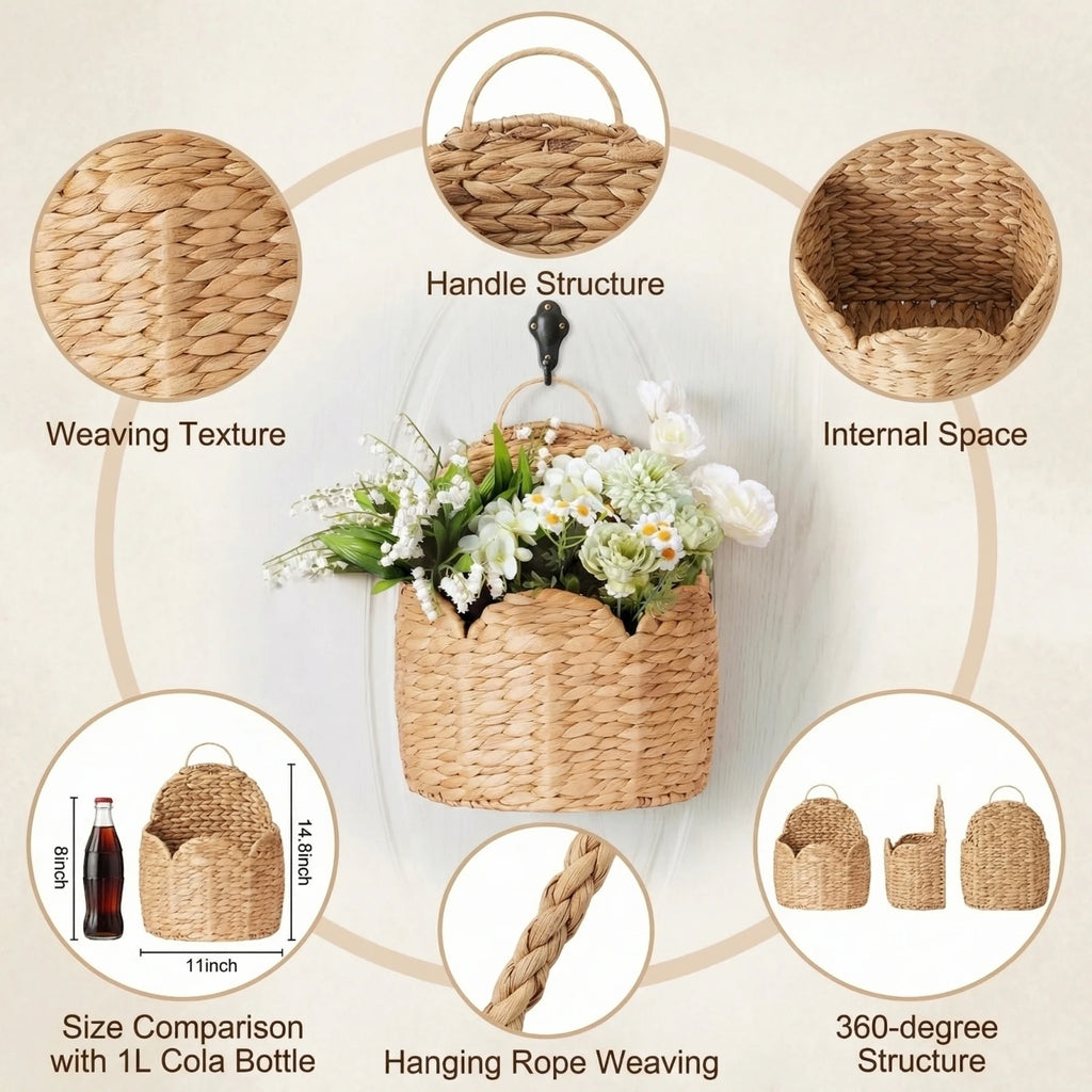 Grass Woven Storage Basket Home Wall-mounted Multipropose Storage Basket Living Room Entryway Wall Flower Decor Container Qme