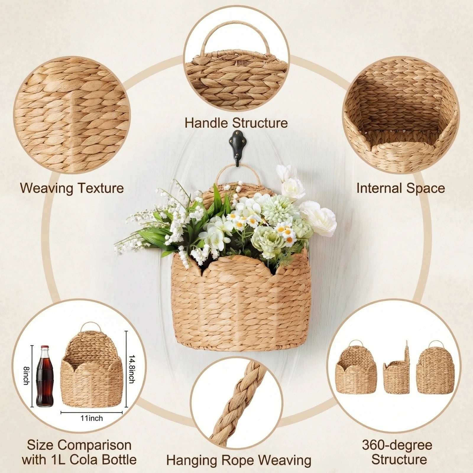 Grass Woven Storage Basket Home Wall-mounted Multipropose Storage Basket Living Room Entryway Wall Flower Decor Container Qme