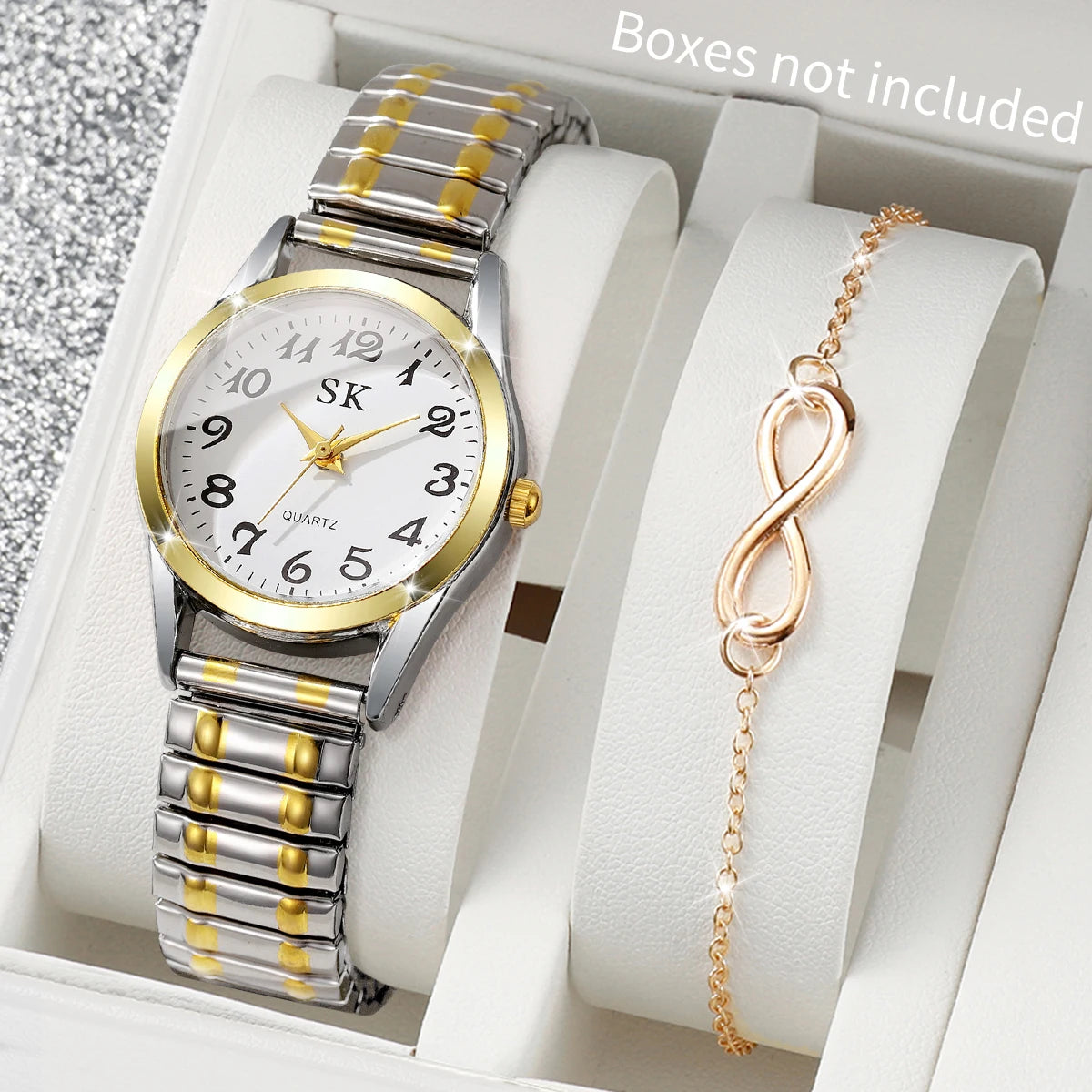 2PCS Two piece set of women's digital watch infinite symbol thin bracelet with gold stretch steel strip, not including gift box Qme 2PCS Without Box