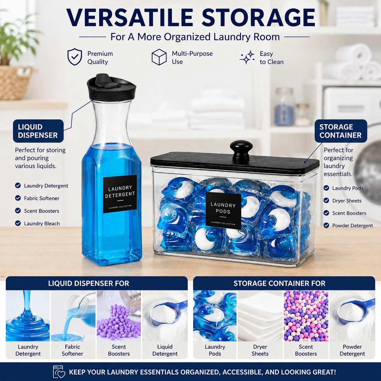 Laundry Room Organization Set Laundry Detergent Dispenser Bottles for Pods, Scent Boosters, Dryer Sheets, Fabric Softener Qme