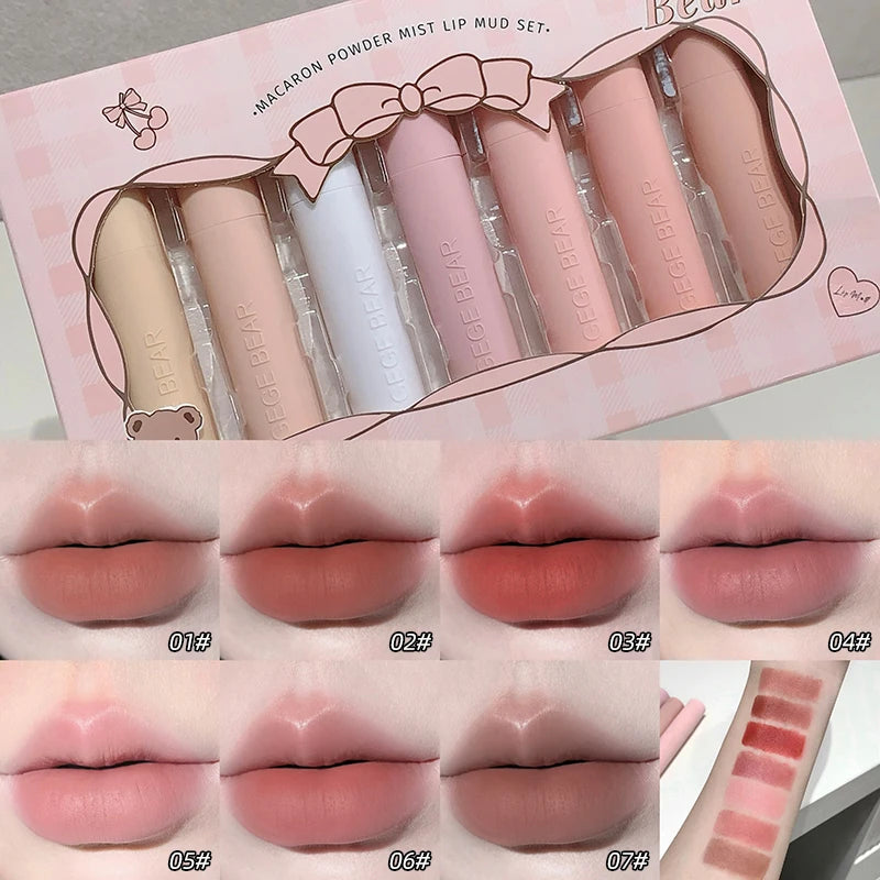 Dark Brown Matte Velvet Lip Mud Gloss Gege Bear Lipstick Non-stick Qme GX1382-6