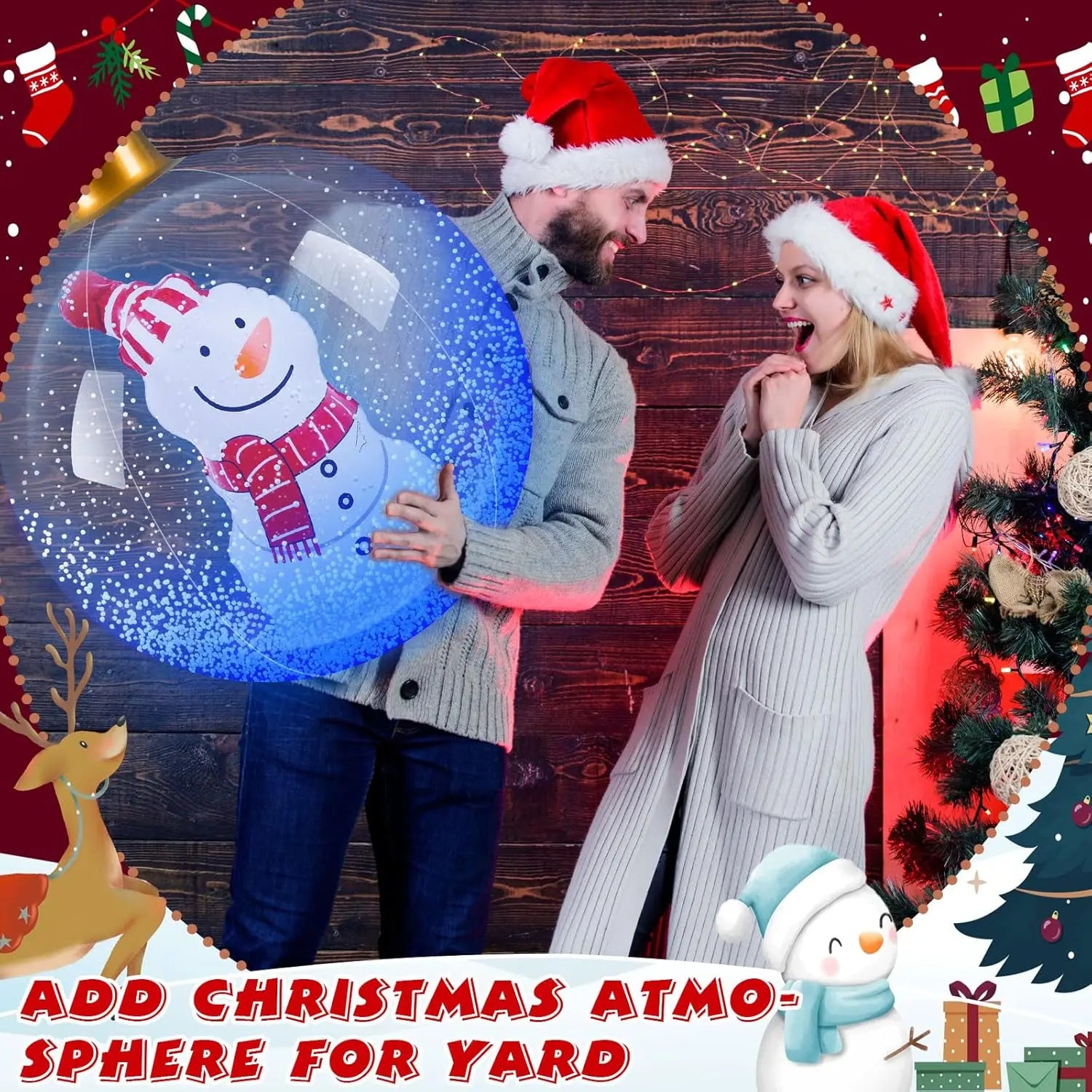 Inflatable Christmas Ball with Lights for Outdoor Courtyard Decoration PVC Transparent Snowman Christmas Decor Ball New Model Qme Red 60cm