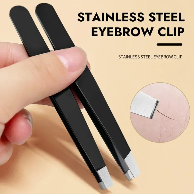 Stainless Steel Black Eyebrow Tweezer Slant Flat Point Beauty Tools Qme