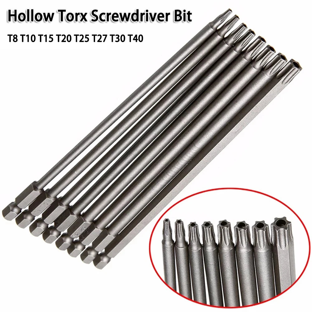 7.78In Hollow Torx Screwdriver Bit Hex Shank T8-T40 Tool For Exact Screw Unscrew Steel Electric Screwdrivers DIY Hand Tools Qme