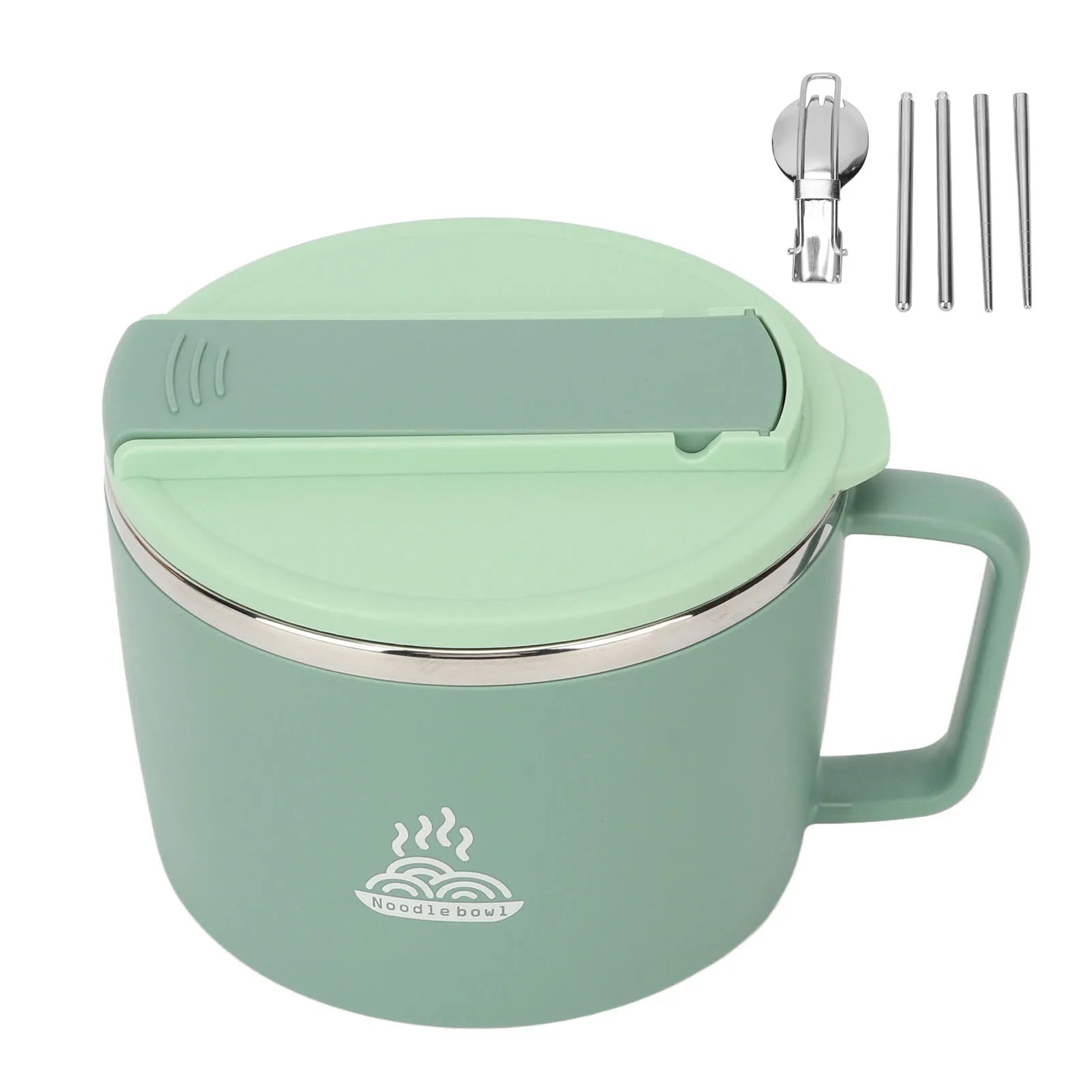 1200ml Stainless Steel Ramen Bowl with Lid Chopsticks Spork Portable Noodle Cup 304 Steel Food Container for Office School Qme green