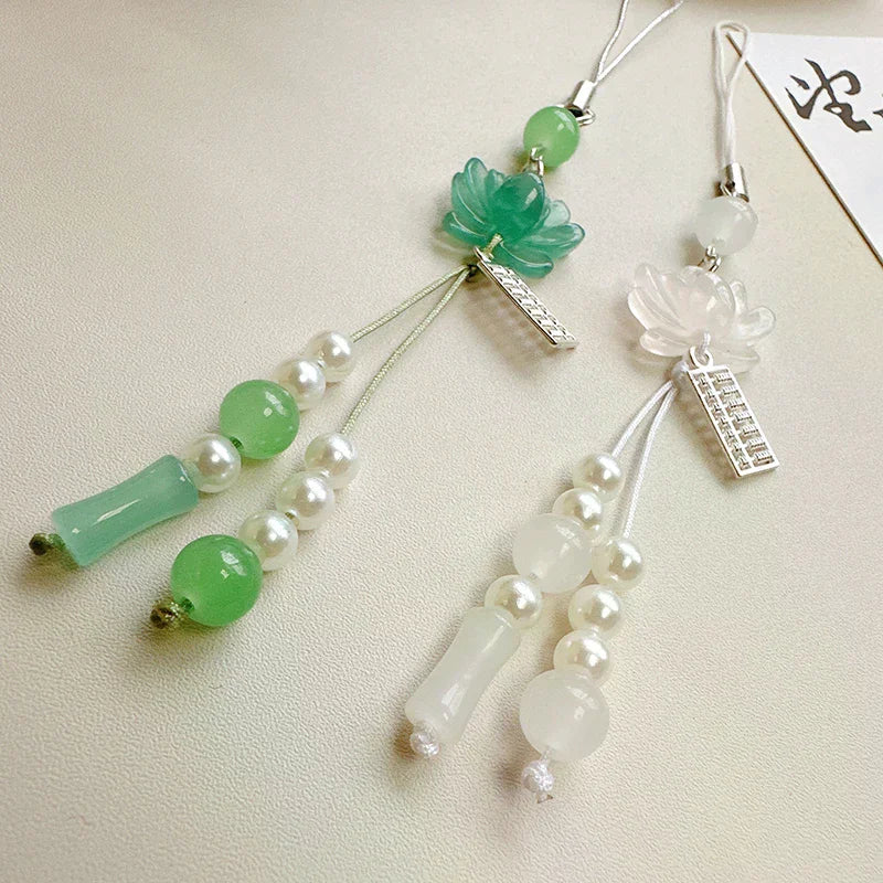 Lotus Flower Pendant Keychain Phone Chain Beads Decoration Chinese Qme