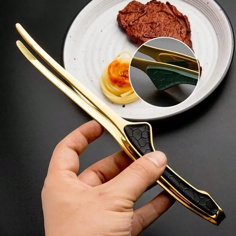 Kitchen Plastic Handle Stainless Steel Clip Food Steak Fried Bread Qme black